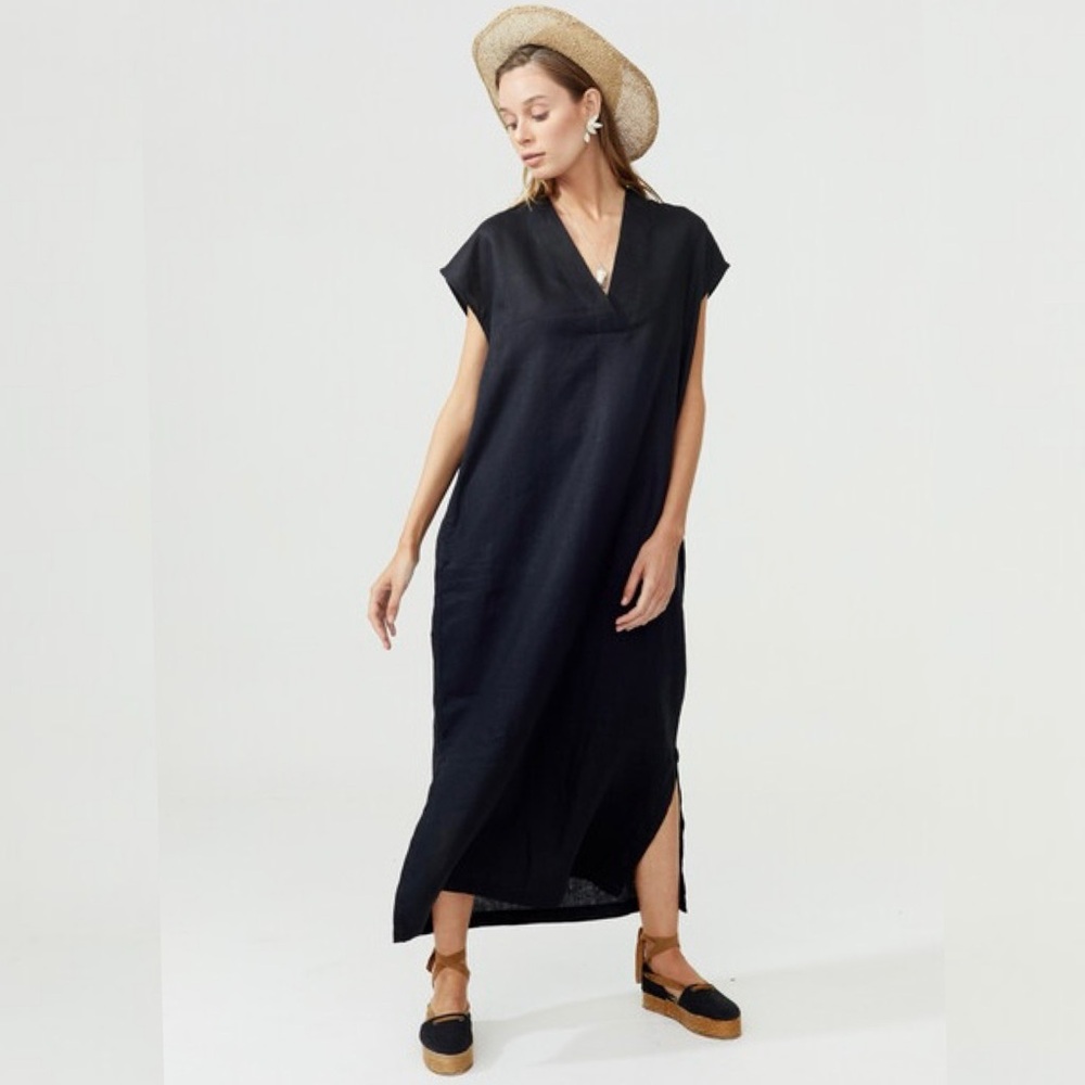 Lanthropy Grecia Caftan V-neck Linen Dress in Black Small / Medium
